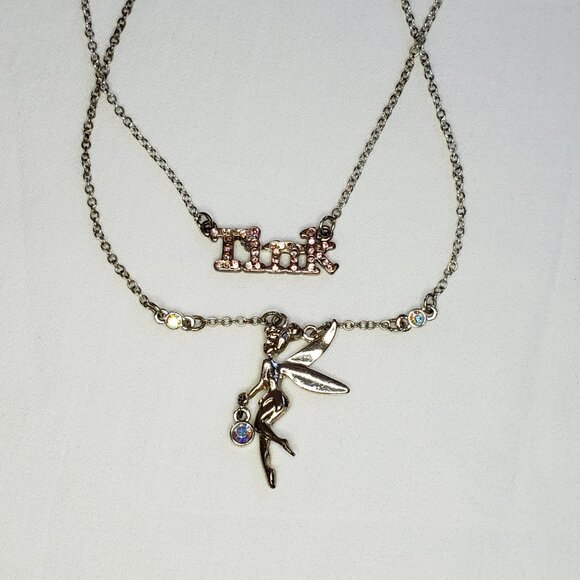Fairy y2k Silver Tinkerbell Charm Rhinestone necklace Set pink iridescent gems - Picture 7 of 10